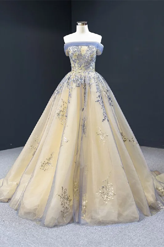 Flowy Fabric Off the Shoulder Yellow and Blue Formal Gown