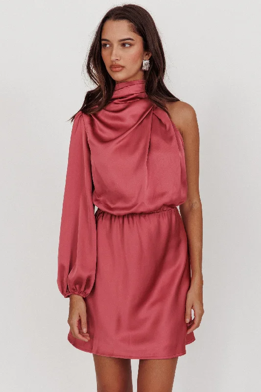 Seasonal Sale Can't Compete One Sleeve Satin Mini Dress Dusty Pink