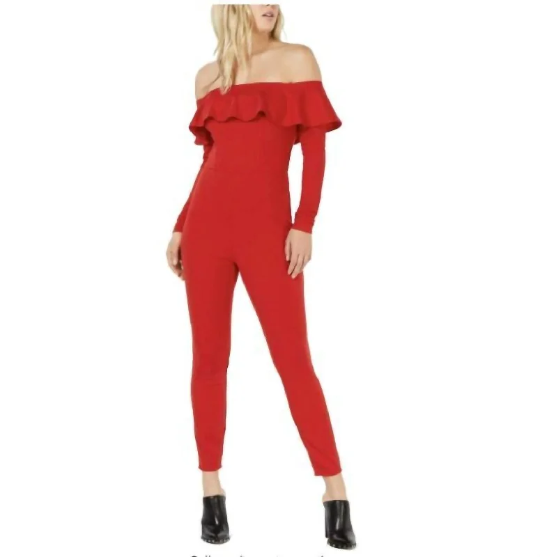 Style Upgrade Off The Shoulder Ruffle Jumpsuit In Red