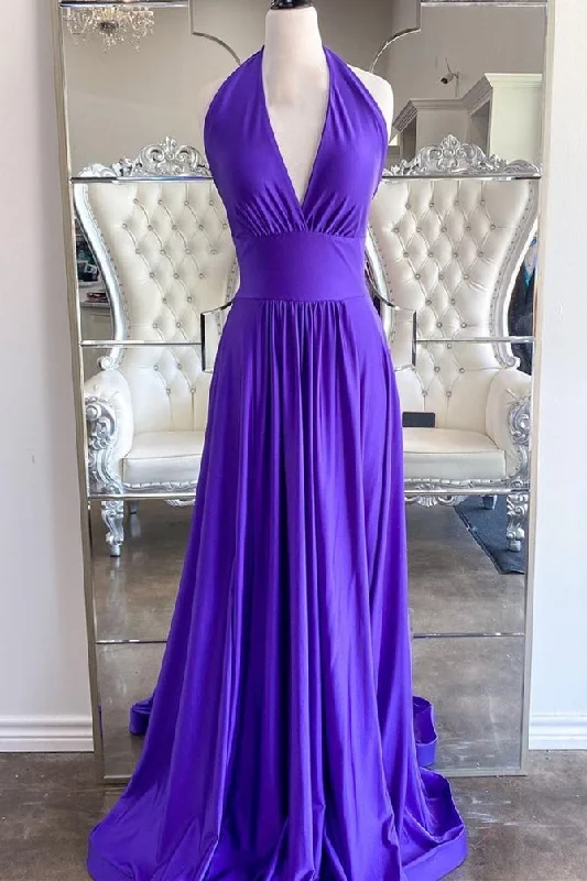 Exclusive Deals Online Simple Purple Halater A-line Maxi Dress