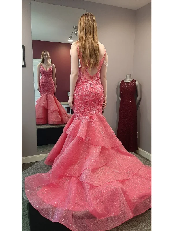 Wardrobe Essentials Gorgeous V Neck Open Back Mermaid Hot Pink Lace Long Prom Dresses, Hot Pink Lace Formal Evening Dresses, Hot Pink Ball Gown SP3009