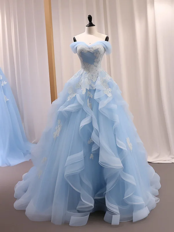 Spring Wardrobe Off Shoulder Light Blue Tulle Long Prom Dresses with Lace Appliques, High Low Light Blue Formal Evening Dresses, Light Blue Ball Gown SP2924