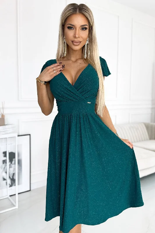 Casual Apparel For Women Numoco 425-6 MATILDE Dress with a neckline and short sleeves - green with glitter Casual Apparel For Women Numoco 425-6 MATILDE Dress with a neckline and short sleeves - green with glitter