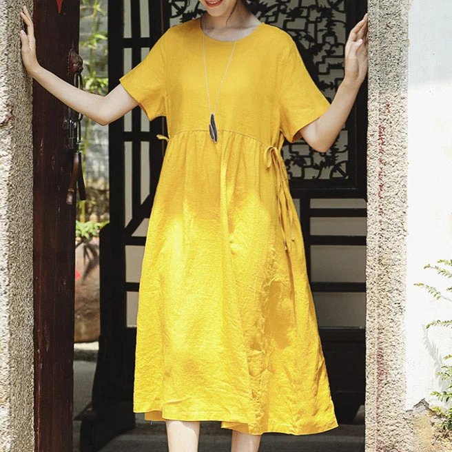 Luxe Women's Fashion fine yellow natural linen dress trendy plus size O neck traveling clothing Elegant short sleeve tie waist maxi dresses