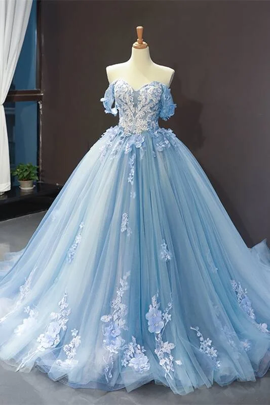 Elegant Style Off the Shoulder Blue Tulle and White Lace Appliques Ball Gown