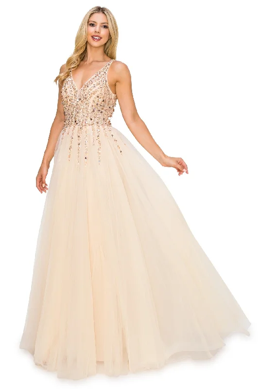 Top Brand Discounts Champagne Sequins Lace Tulle A-line Gown by Cinderella Couture USA AS8034J - Special Occasion/Curves