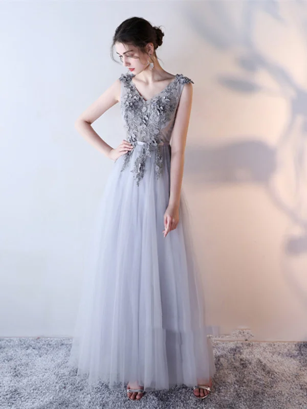 Great Prices On Feminine Styles A Line V Neck Lace Grey Prom Dress, Grey Lace Prom Gown, Lace Evening Dress