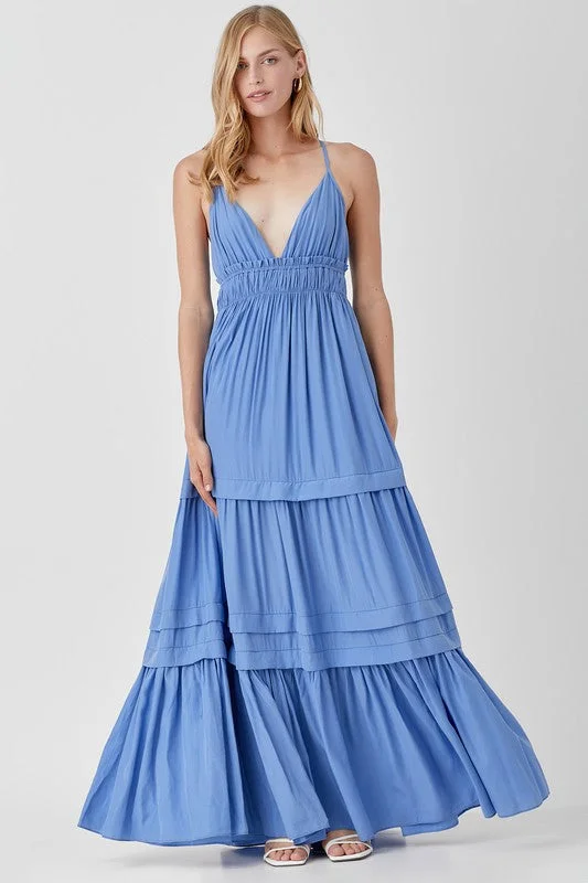 Elevate Your Wardrobe Shirred Ruffle Folded Detail Maxi Dress