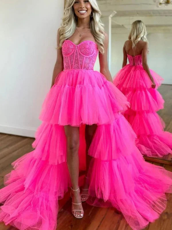 Stylish Spring Fashion Strapless Layered High Low Hot Pink Tulle Lace Long Prom Dresses, Hot Pink Lace Formal Evening Dresses, High Low Ball Gown SP2594