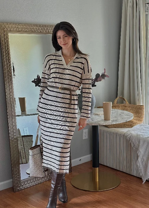 Dive Into Trendy Women's Fashion ZESICA Striped Sweater Dresses Lapel V Neck Knit Side Slit Midi Dress