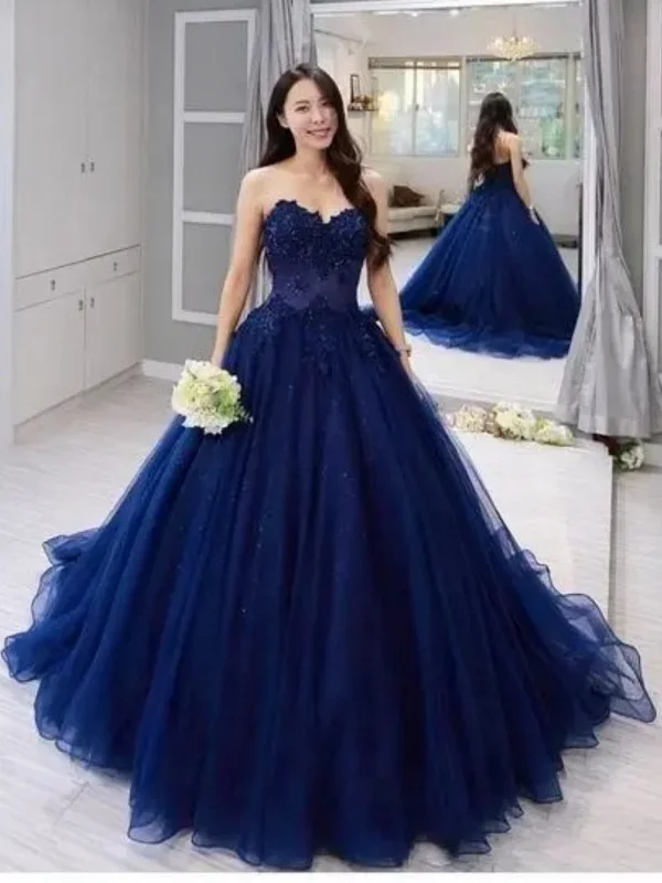 Hot Sale Strapless Navy Blue Lace Long Prom Dresses, Navy Blue Lace Formal Evening Dresses, Ball Gown SP2824