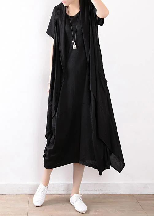 Statement Piece black fashion two pieces linen sleeve mid cardigan loose short sleeve maxi dress