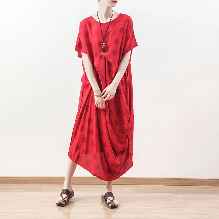 Dreamy Aesthetic boutique red dotted natural linen dress oversized draping traveling clothing casual o neck maxi dresses