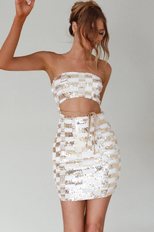 Fashion Forward Tupelo Cut-Out Waist Sequin Mini Dress Gold/White