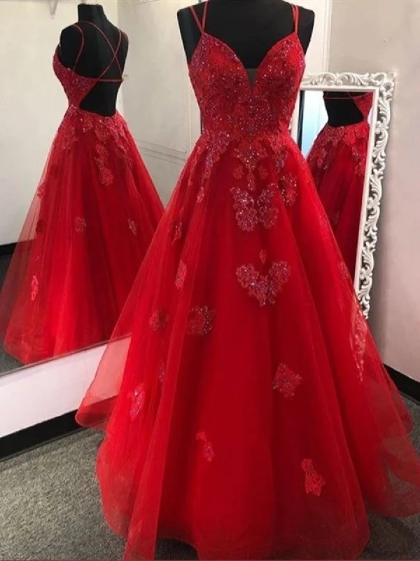 Final Sale Gorgeous V Neck Backless Red Lace Appliques Prom Dresses, Backless Red Lace Formal Dresses, Red Lace Evening Dresses, Red Ball Gown