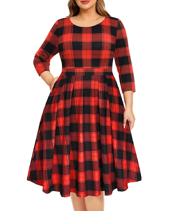 Don't Miss Out Women Plus Size Christmas Dress — Xmas Buffalo Plaid Black Red Holiday 2024 Fall 3/4 Sleeve Round Neck Midi Dresses