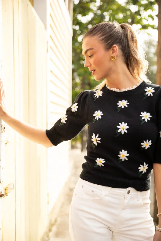 Limited - Time Bundle Around The Garden Black Floral Embroidered Lace Trim Short Sleeve Sweater