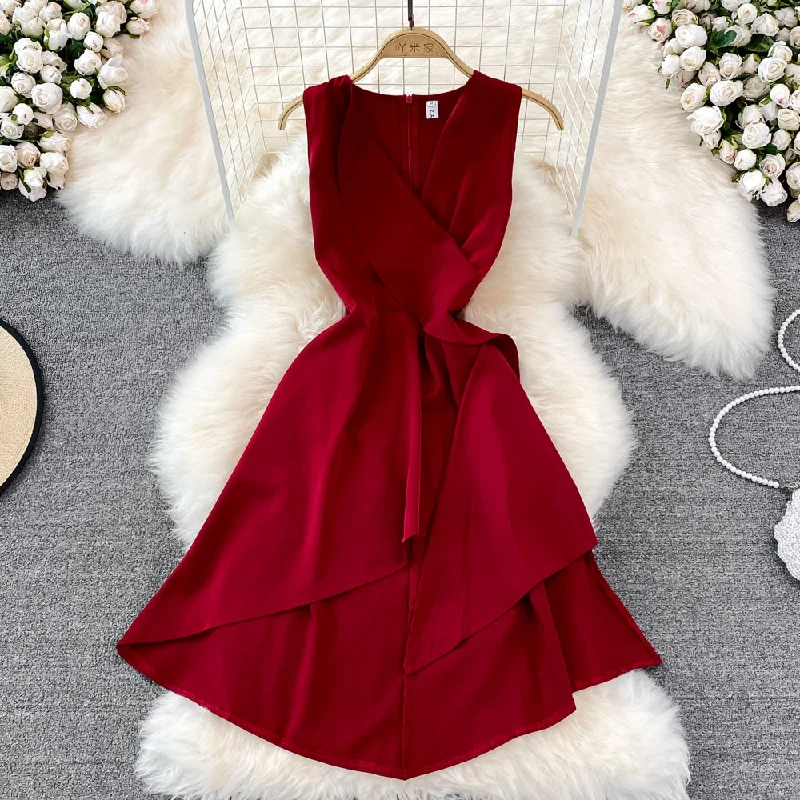 Hot Styles V-neck high waist slim Ruffle sleeveless A-line dress  11029