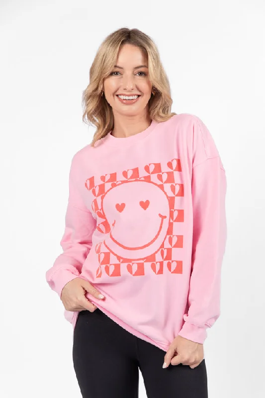 Trend Alert Heart Checkered Smiley Light Pink Oversized Graphic Sweatshirt