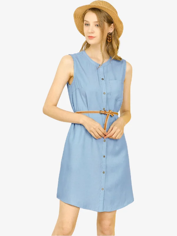 Lightweight Fabric Button Up Shirtdress Sleeveless Tunic Denim Chambray Dress Sundress