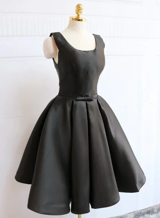 Flowy Fabric Black Satin Knee Length Party Dress Black Backless Evening Dress gh515