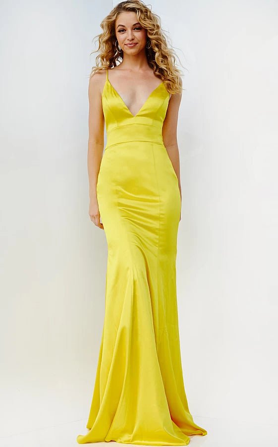 Top Deals JVN08595 Yellow Simple Backless Satin Prom Dress