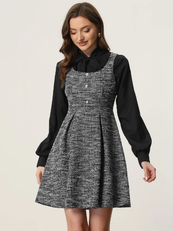 Disco - Inspired Retro Dance Look Tweed Sleeveless Square Neck Plaid Fit and Flare Dress