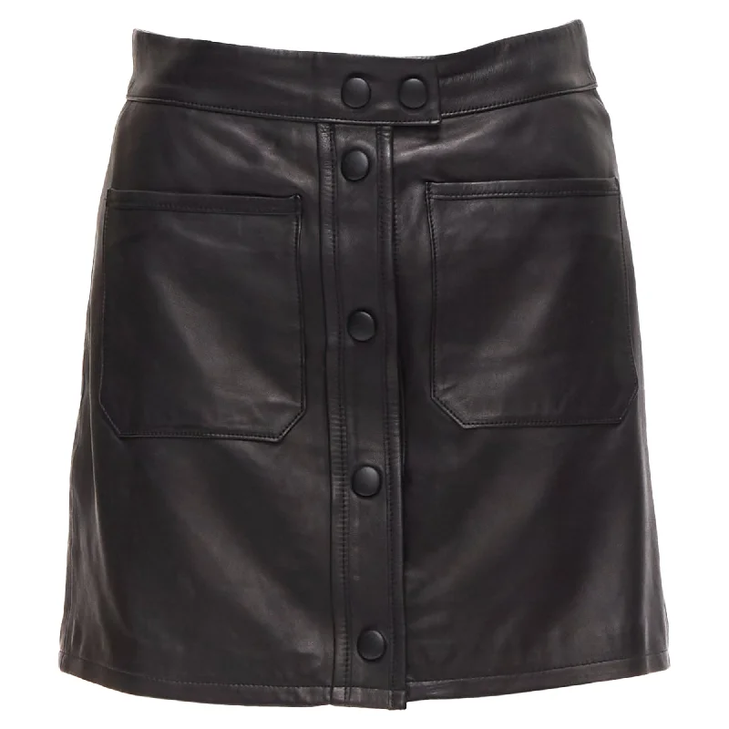 Fashionable Women's Outfit Fashion Forward Frame lambskin leather snap button patch pocket mini skirt