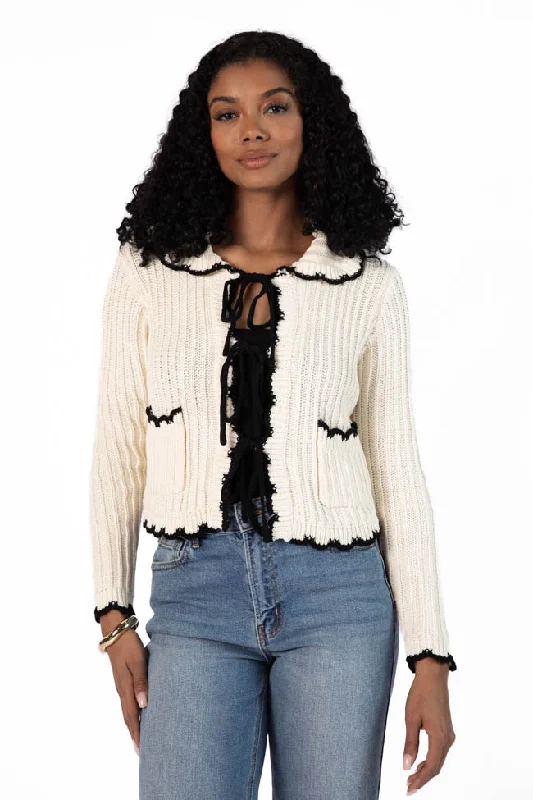 Chic Styles Aim High Cream and Black Tie Front Crochet Cardigan