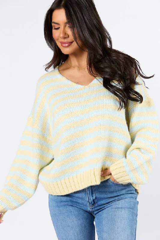 Bold Fashion Wait A Minute Yellow and Blue Multi Striped V-Neck Sweater