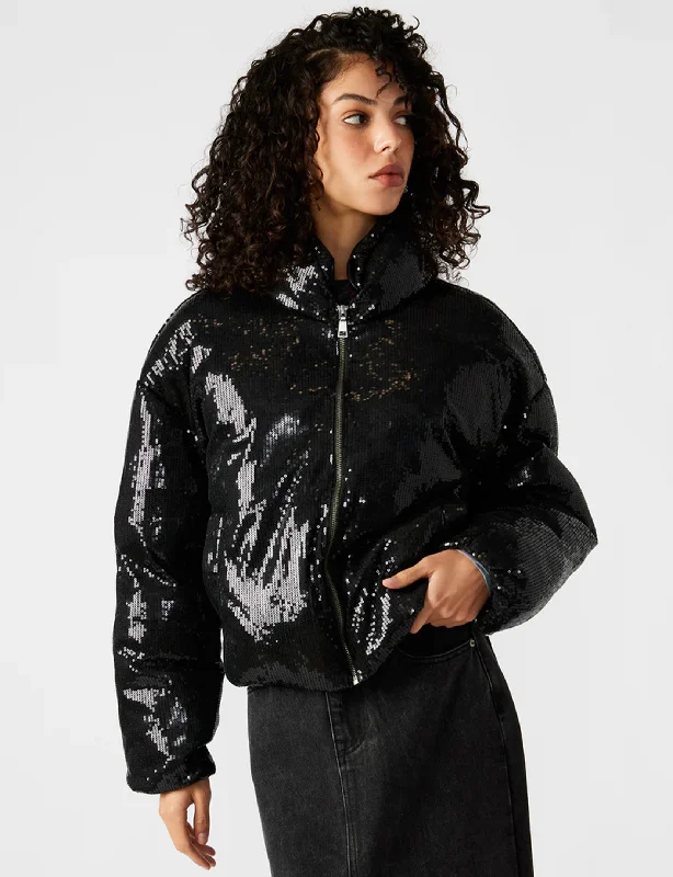 Seasonal Trends Stratton Sequin Puffer Jacket, Black