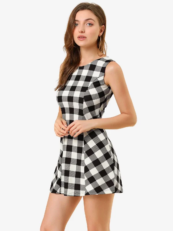 Mother's Day Special Classic Sleeveless Mini A-Line Fit and Flare Plaid Dress