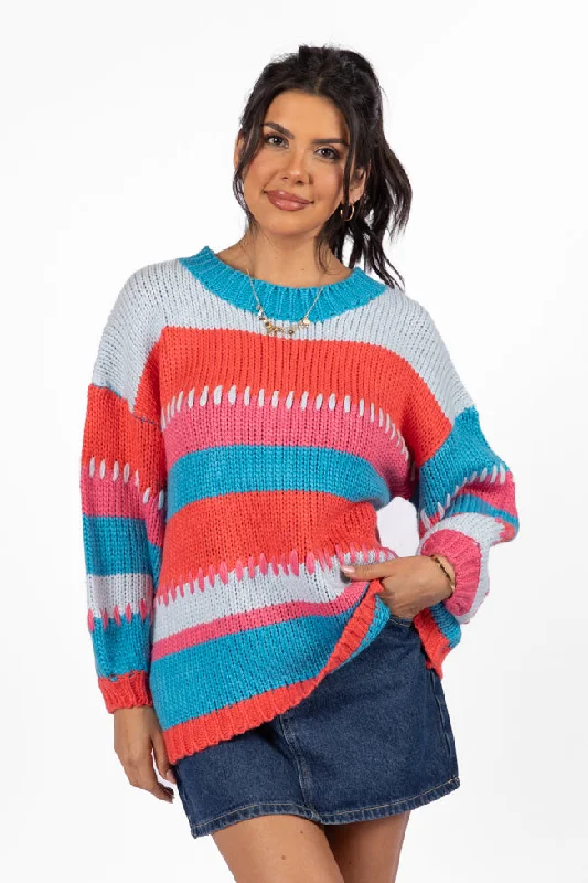 Versatile Outfits Something Extra Blue Multi Stripe Chunky Knit Stitch Detail Sweater