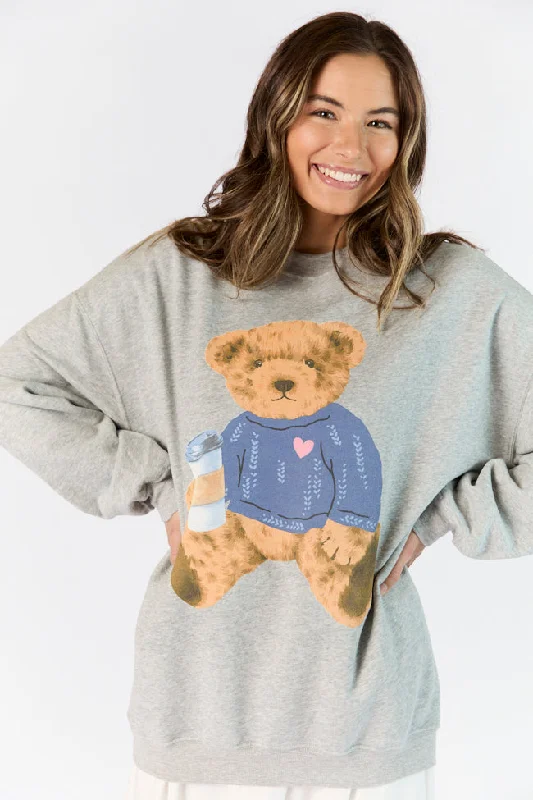 Chic Casual Style Vintage Teddy Bear Heart Sweater Light Grey Oversized Graphic Sweatshirt