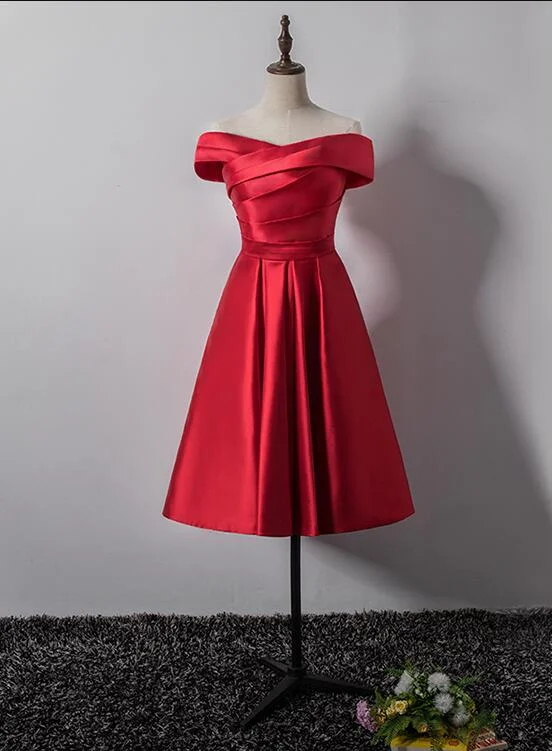 Casual Elegance Cute Red Satin Off Shoulder Homecoming Dress, Red Homecoming Dress gh449