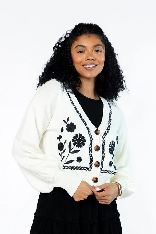 Exclusive Discount Bloom With Grace Ivory and Black Floral Embroidered Cardigan