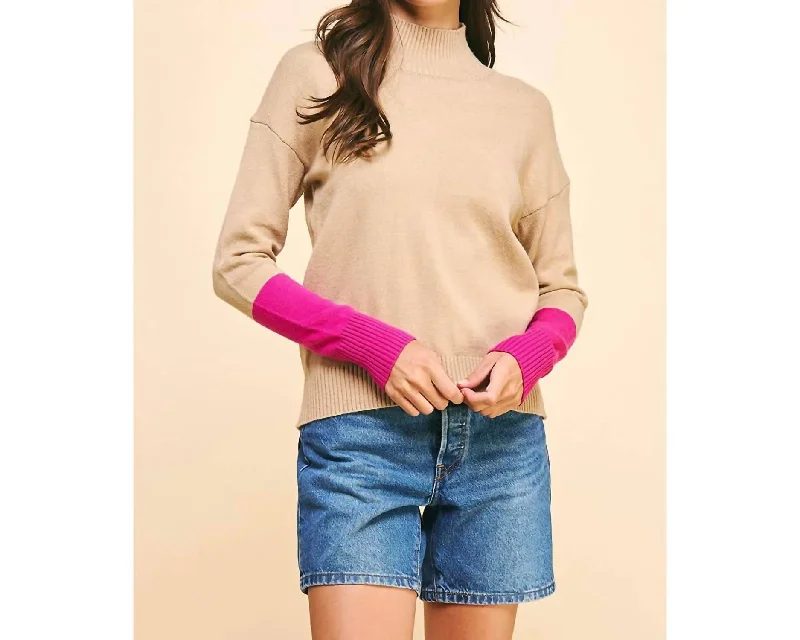 Casual Chic Women's Clothes Season Transition Versatile Wear Clearance Color Block Mock Neck Sweater In Taupe Casual Chic Women's Clothes Season Transition Versatile Wear Clearance Color Block Mock Neck Sweater In Taupe