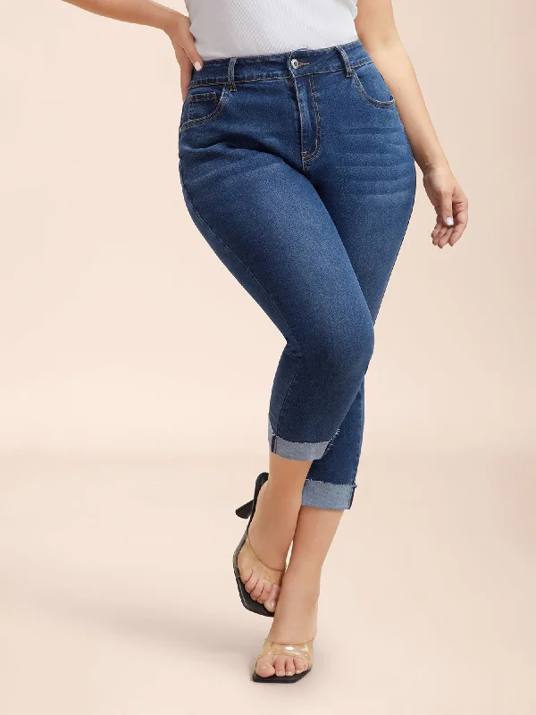 Parisian Effortless Chic Style Whiskered Rolled Hem Slim-Fit Jeans