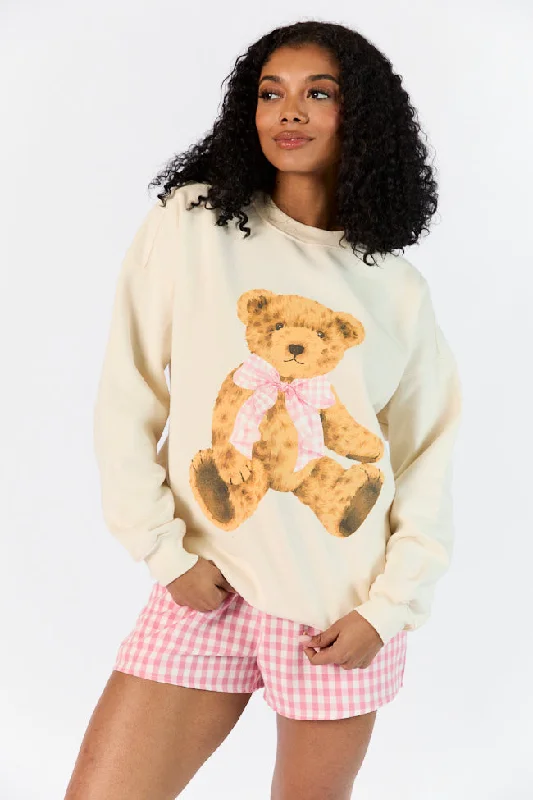 Sophisticated Style Vintage Teddy Bear Gingham Bow Cream Oversized Graphic Sweatshirt