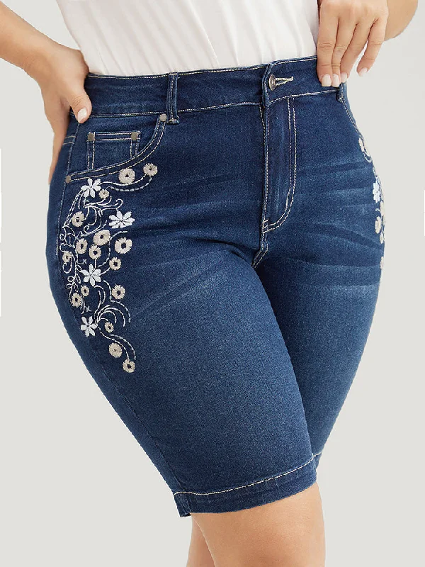 Big Discounts Very Stretchy High Rise Dark Wash Floral Embroidered Denim Shorts