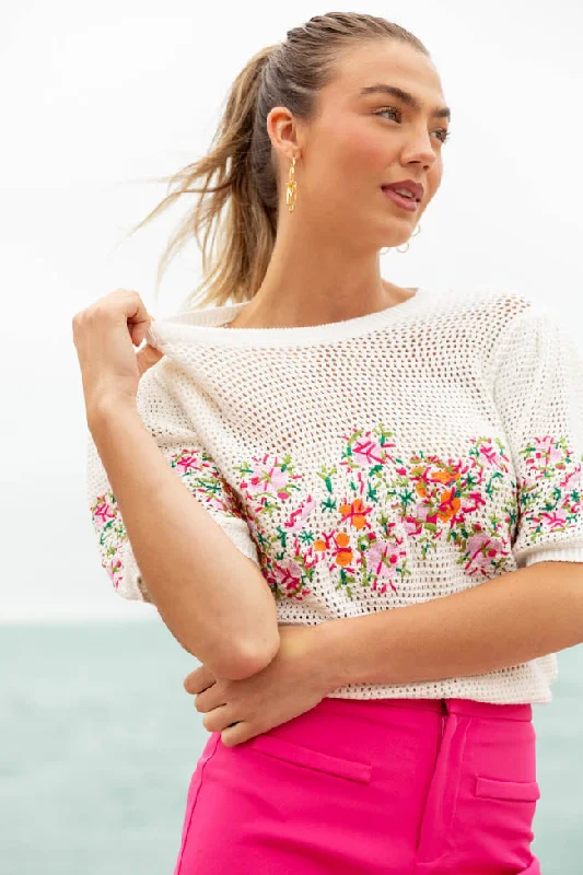 Women's Professional Attire Graceful Movement Come To The Garden Beige Multi Open Knit Floral Embroidered Short Sleeve Sweater Women's Professional Attire Graceful Movement Come To The Garden Beige Multi Open Knit Floral Embroidered Short Sleeve Sweater