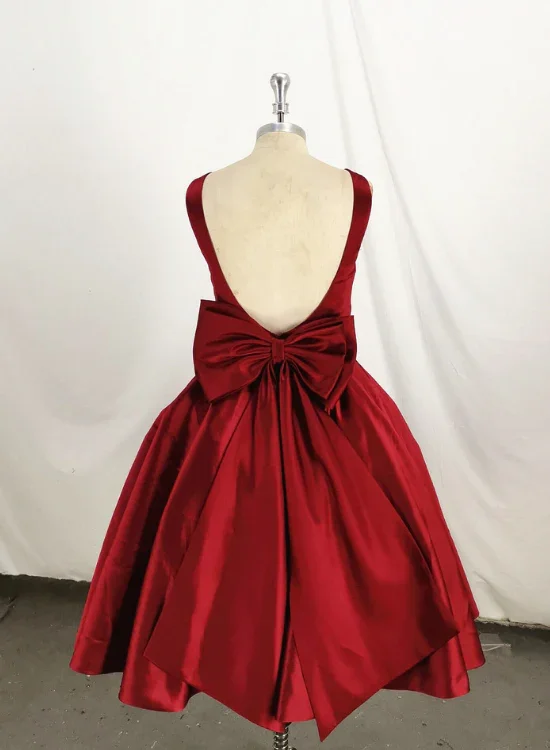 Vibrant Prints Dark Red Satin Backless Vintage Style Party Dress With Bow, High Quality Handmade Dress  gh509