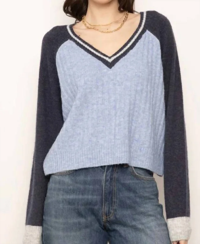 Absurdly Cheap Sale Millie Varsity V Neck Sweater In Blue Multi