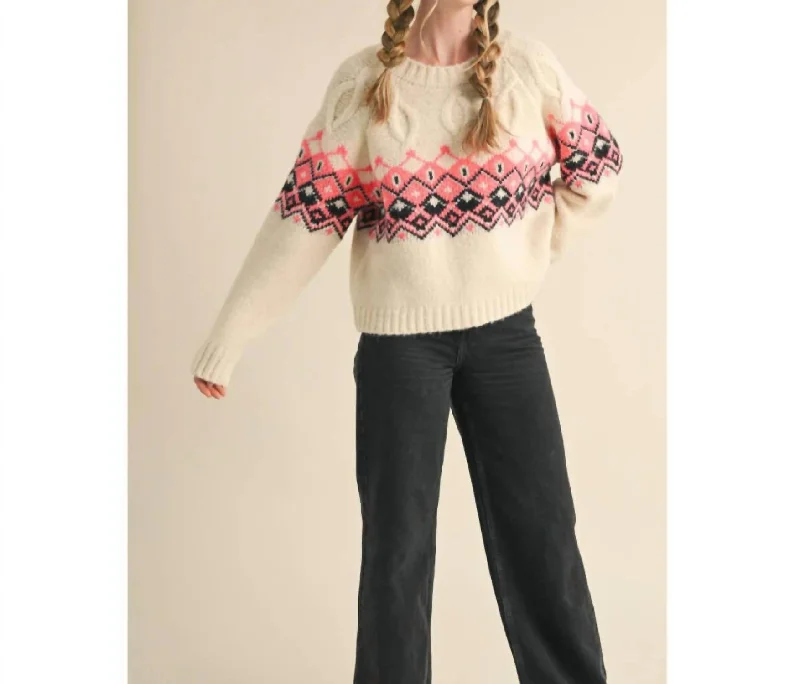 Affordable Women's Clothing Essentials On Sale Cable Knit Fair Isle Sweater In White Affordable Women's Clothing Essentials On Sale Cable Knit Fair Isle Sweater In White