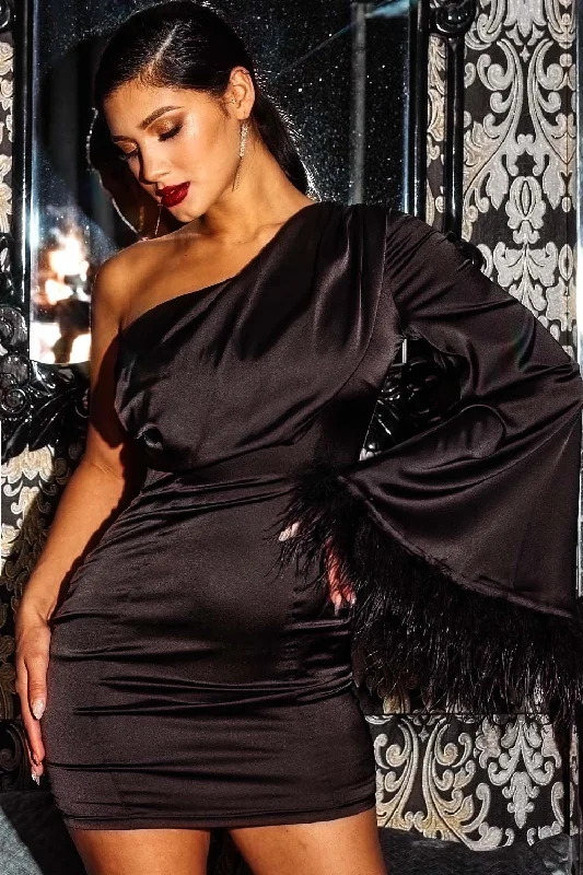 Playful Elegance EXPENSIVE TASTE Satin One Shoulder Drape Sleeve Mini Dress w/ Authentic Feathers