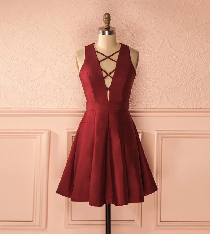 Classic Charm Burgundy satin short prom dress  8177