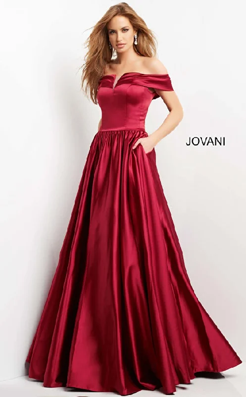 Exclusive Discounts Jovani 3129 Burgundy Off the Shoulder Satin Evening Ballgown