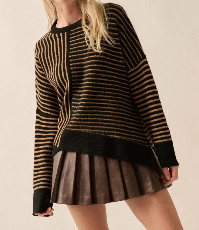 Stylish Women's Apparel Striped Asymmetrical Hem Sweater In Black-Sand