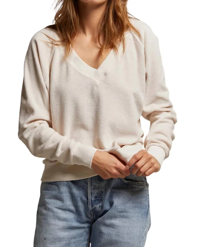 Relaxed Style Ember Velour Relaxed V Neck Sweater In Sugar