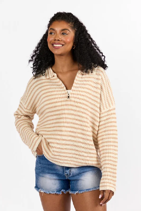 Exquisite Craftsmanship Bayside Breeze Ivory and Tan Stripe Quarter Zip Pullover Sweater